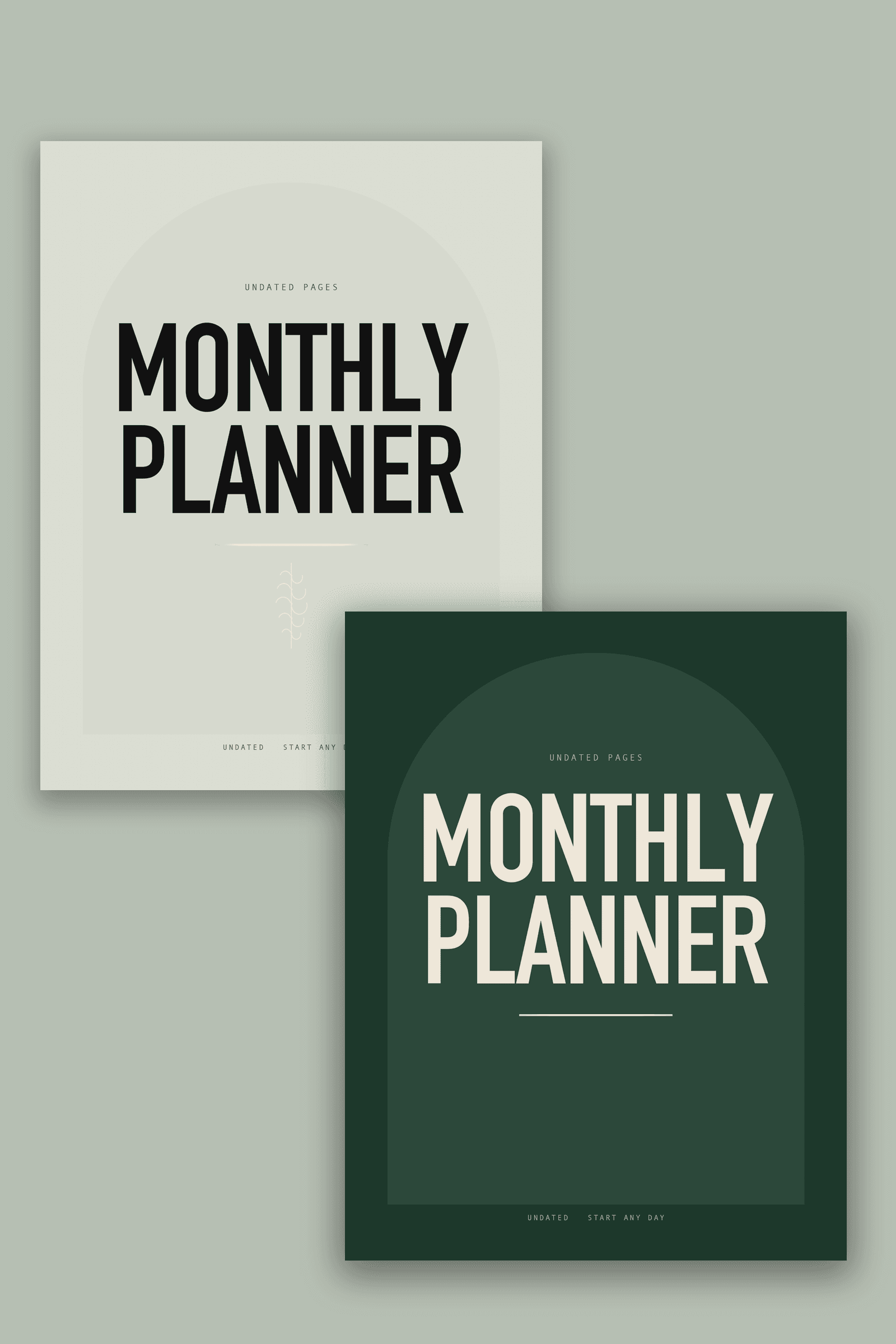 Monthly Planner, one month to a page and undated, rebrandable blank planner, men's and women's covers
